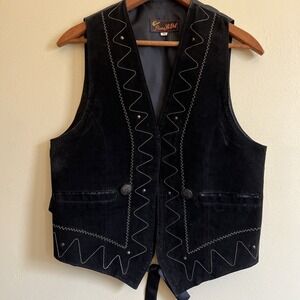 Vintage Suede Leather Vest Mens Medium Western Style Single Stitch Studded
